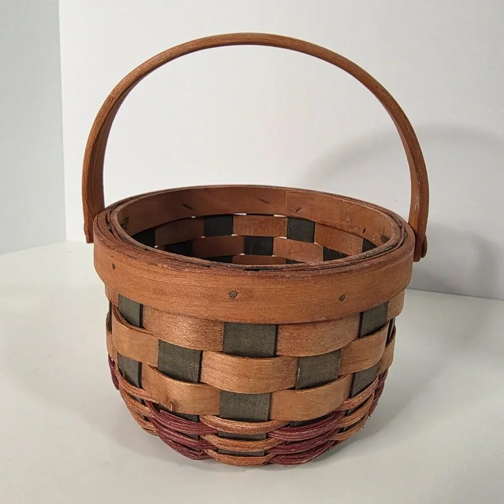 Round Woven Wood Splint Basket Swing Handle Burgundy Primitive Farmhouse 6